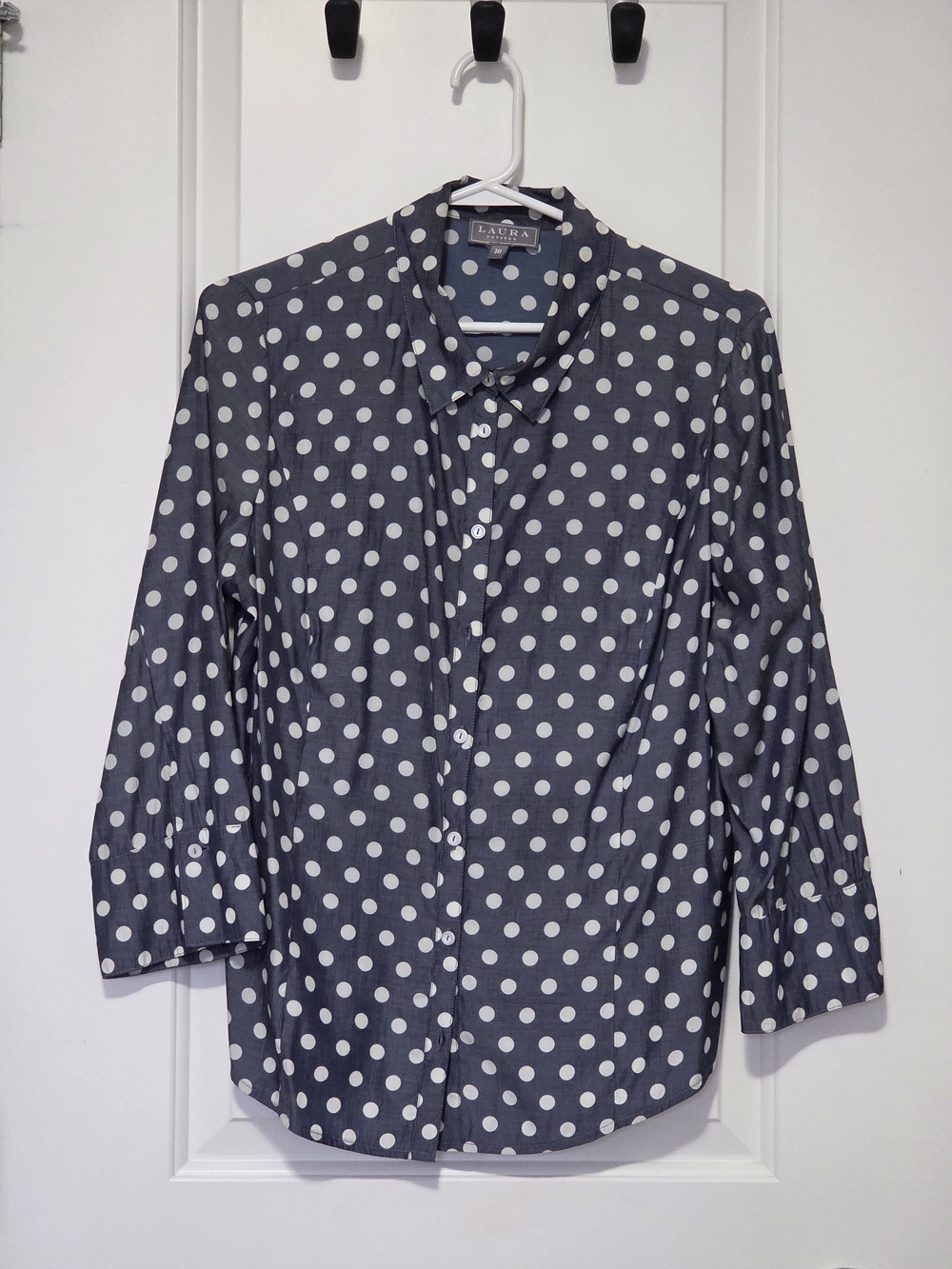 Laura Blue Gray Polka Dot Button-Up Blouse